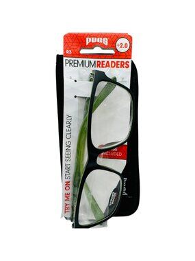 Pugs Premium Reading Glasses +2.0 Black Frame With Spring Hinge & Case Included